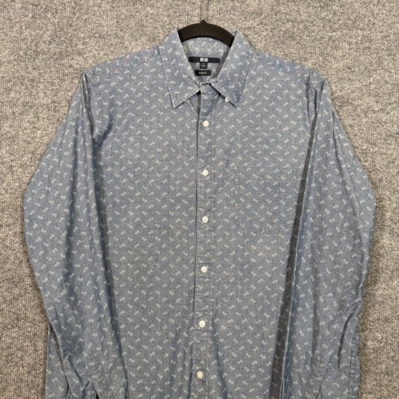 Uniqlo Shirt Mens Small Blue Chambray Long Sleeve Slim Fit Paisley Button Up - Picture 3 of 9